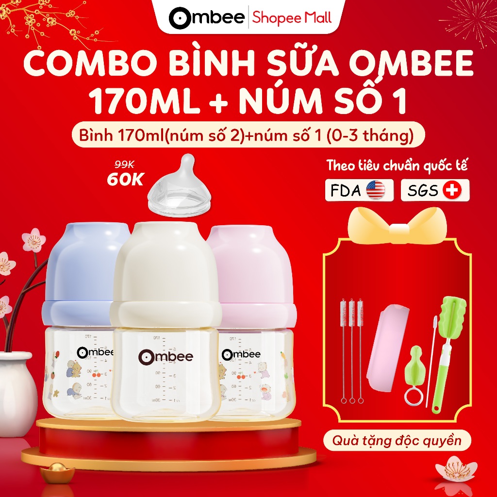 Combo Bình Sữa Ombee Chất Liệu PPSU Dung Tích 170ml + Núm Số 1