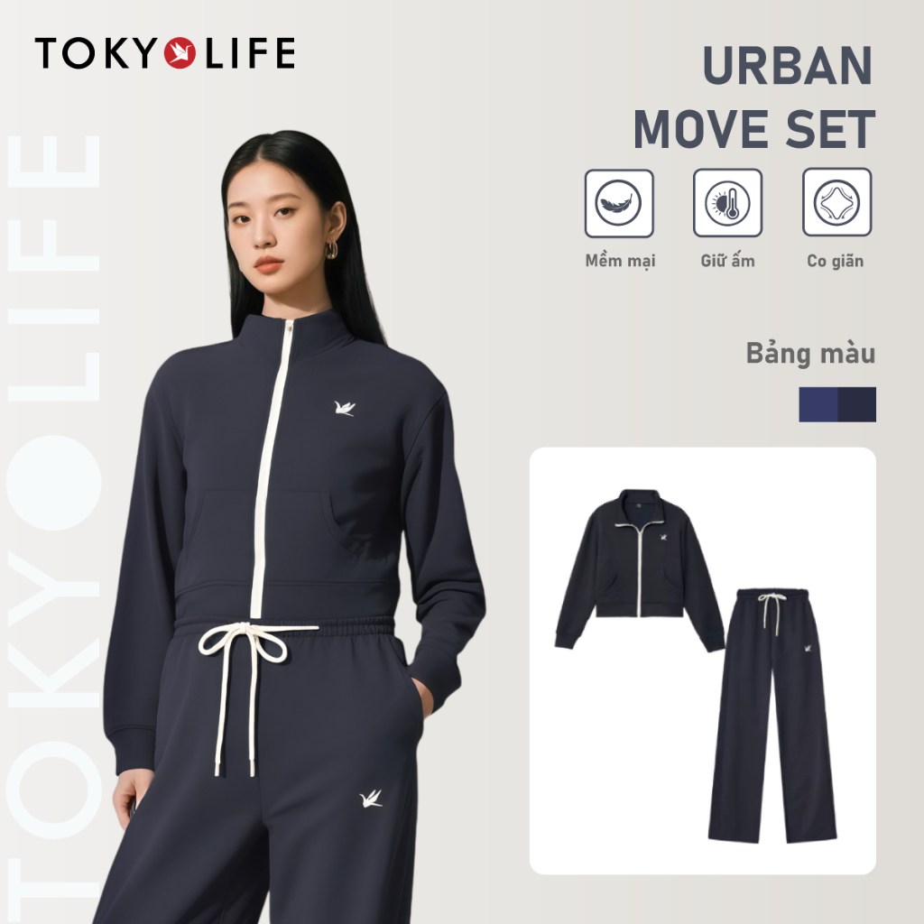 Bộ quần áo nỉ nữ TOKYOLIFE áo khóa zip thêu logo quần ống suông thiết kế basic thời trang