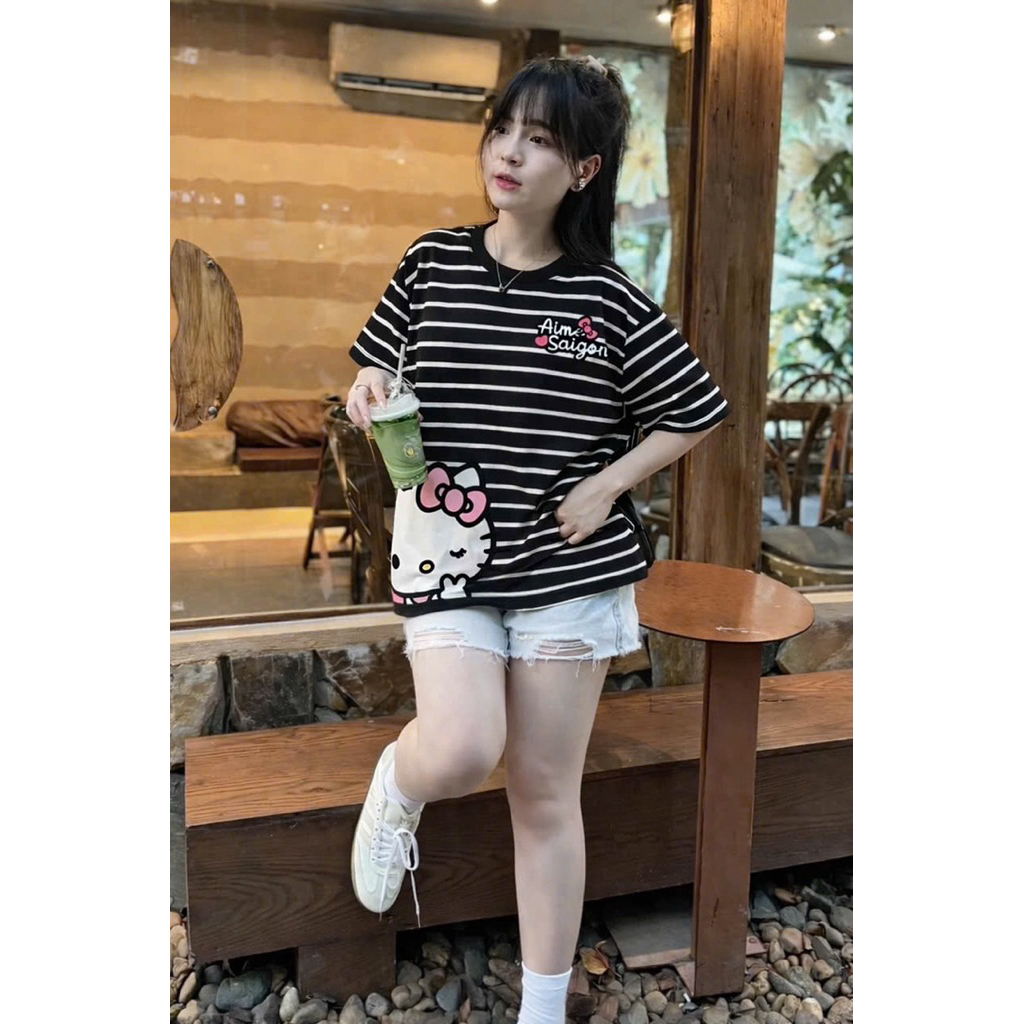 Set bộ áo thun kẻ sọc cọc tay kitty habo mix quần short rách trắng