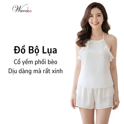 Đồ bộ mặc nhà WANNABE đồ bộ quần sọt phối áo yếm phối bèo gợn sóng lưng cut-out trang trí dây BSS22