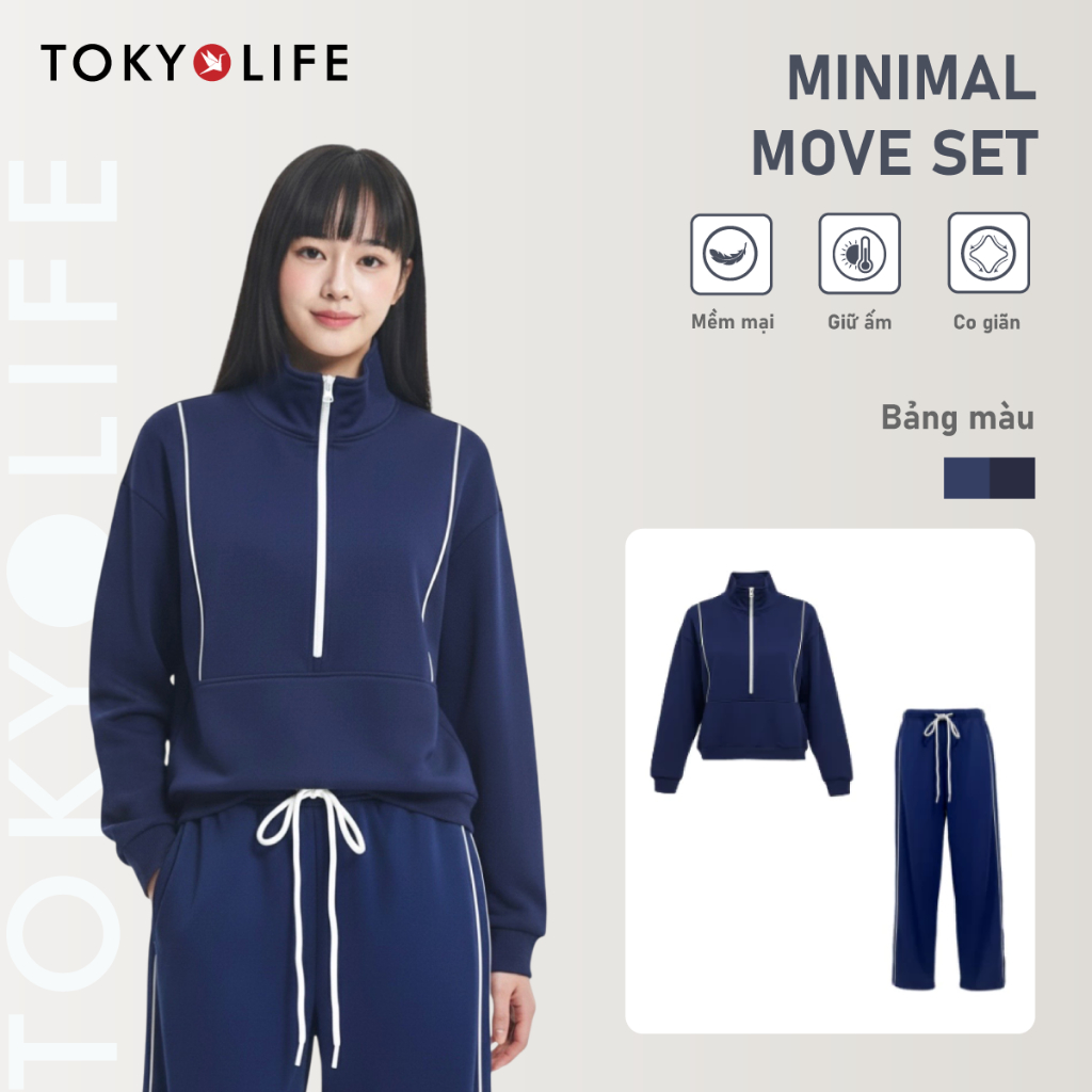 Bộ quần áo nỉ nữ TOKYOLIFE áo cổ bẻ half zip quần ống suông thiết kế basic thời trang