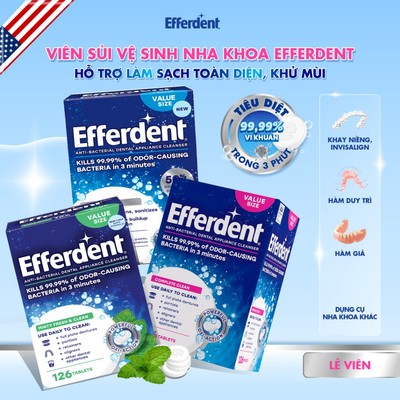 [Rẻ vô địch] Viên Sủi Vệ Sinh Hàm Duy Trì Efferdent - Khử Mùi, Làm Sạch Niềng Invisalign, Hàm Giả