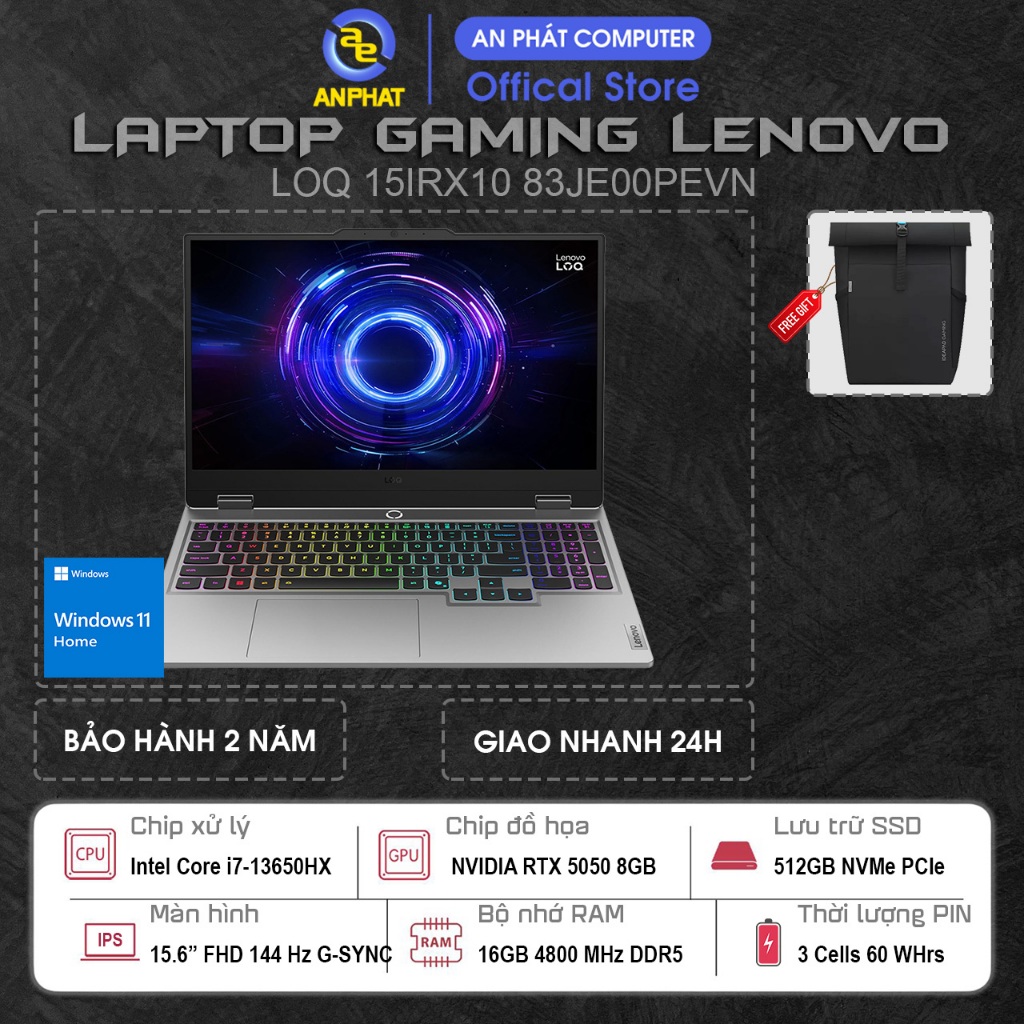 Laptop Lenovo LOQ 15IRX10 83JE00PEVN, Core i7 13650HX, RTX 5050 8GB, 15.6 FHD 144Hz, Win11