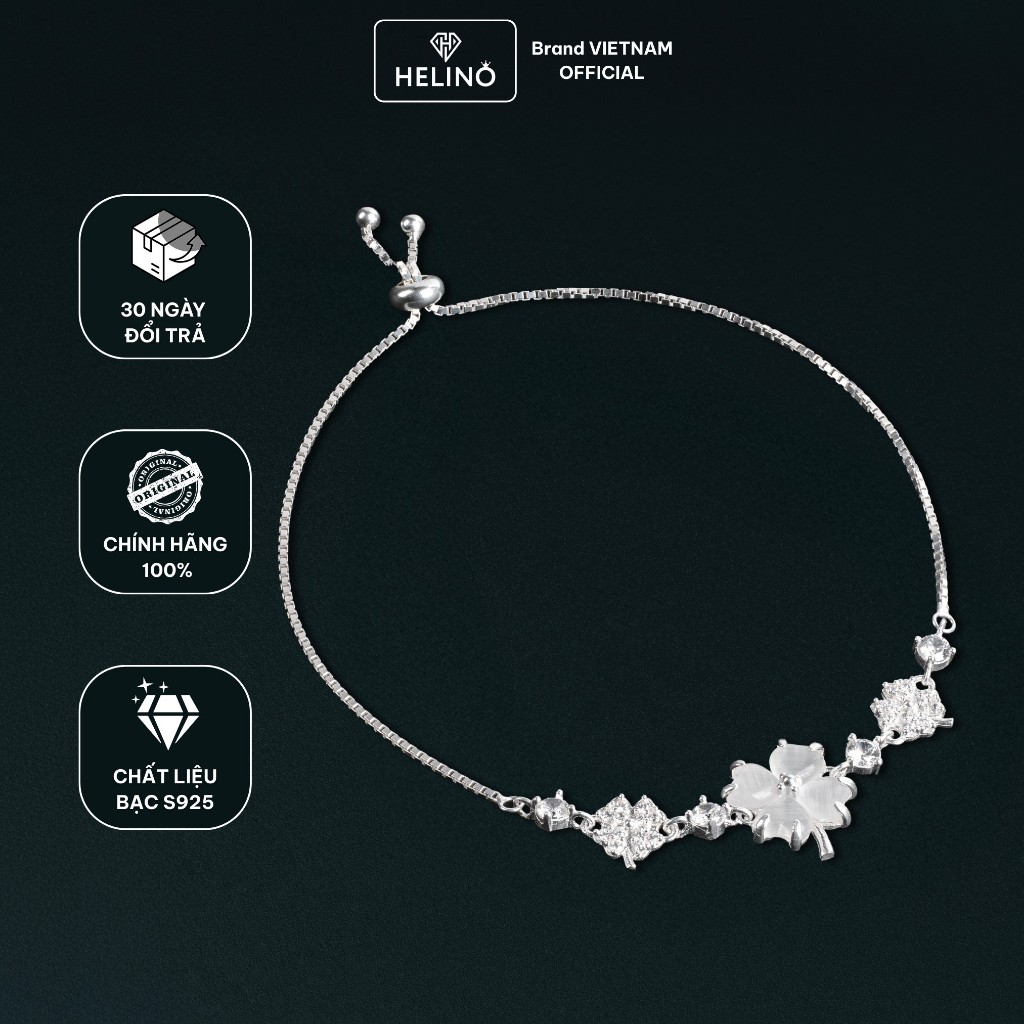 Lắc Tay Bạc Nữ HELINO Dây Rút Cỏ Bốn Lá Đính Đá Mắt Mèo Bạc S925 V18