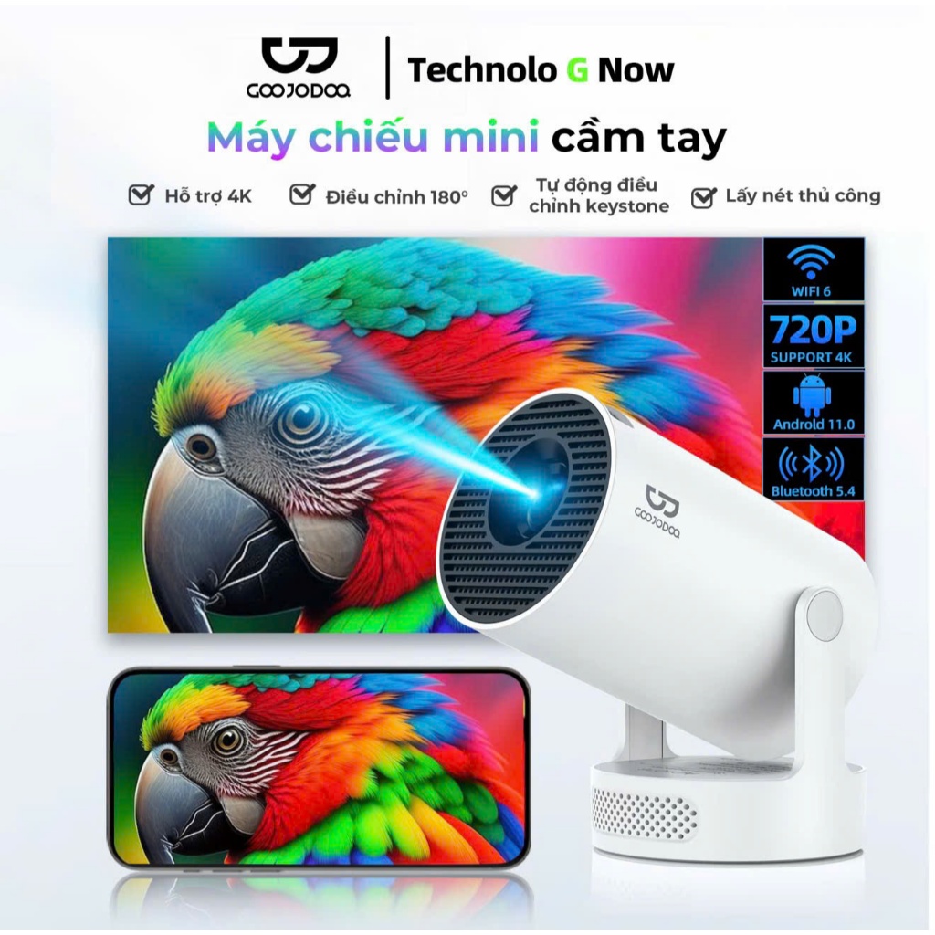 Máy chiếu di động GOOJODOQ HY300 ultra, Android 11 Góc tự do 270° Bluetooth 5.0 Màn hình lớn 130 inc