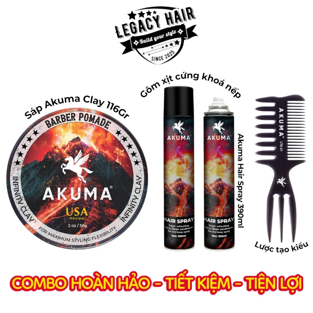 [Combo tiết kiệm] Sáp Akuma Infinity Clay 116gr + Gôm cứng Akuma Hair Spray 390ml  + Lược, giữ tếp t