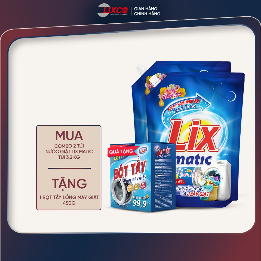 Combo 2 túi nước giặt Matic/ Lix Đậm Đặc hương nước hoa 3.2kg tặng 1 bột tẩy lồng máy giặt 450g