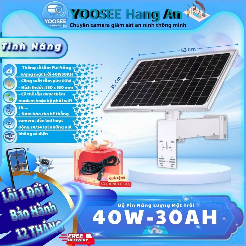 (MUA 1 TẶNG 1) Bộ pin năng lượng mặt trời 12V 40W-30AH Tặng dây nối dài Nguồn DC (Số lượng có hạn)