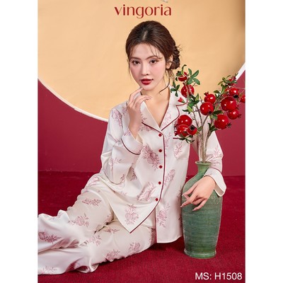 Pijama mặc nhà bộ đồ ngủ nữ lụa VINGO/VINGORIA tay dài xuân hè Hồng Yên H1508