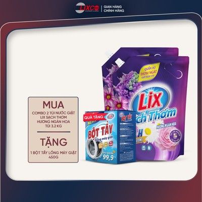 Combo 2 túi nước giặt Lix sạch thơm hương ngàn hoa/ nắng hạ tặng 1 bột tẩy lồng máy giặt 450g, Lixco Việt Nam