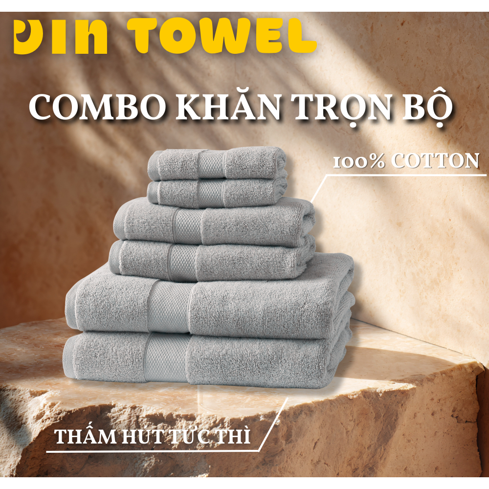 [COMBO TRỌN BỘ 3 KHĂN] VIN TOWEL - 100% COTTON, THẤM HÚT, CHẤT LƯỢNG CHO GIA ĐÌNH, SPA, HOTEL, BATH