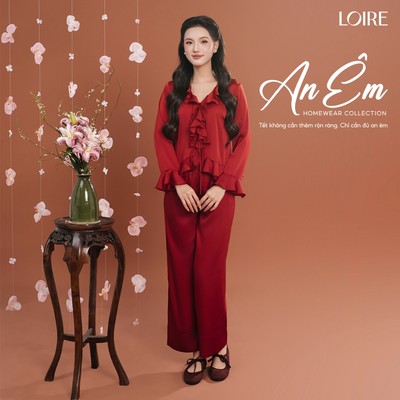 [AN ÊM]Bộ Mặc Nhà Hải Đường Loire FDMN250331 Lụa Pháp Cao Cấp Set Dài Tay Phối Bèo Nhún Thắt Nơ
