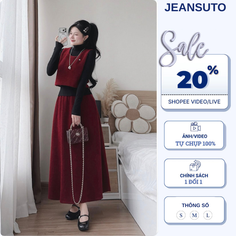 Set Đầm Gile Dạ Nữ Cao Cấp Phối Áo Cổ Lọ Dáng Dài Tiểu Thư Sang Trọng HCOM26943