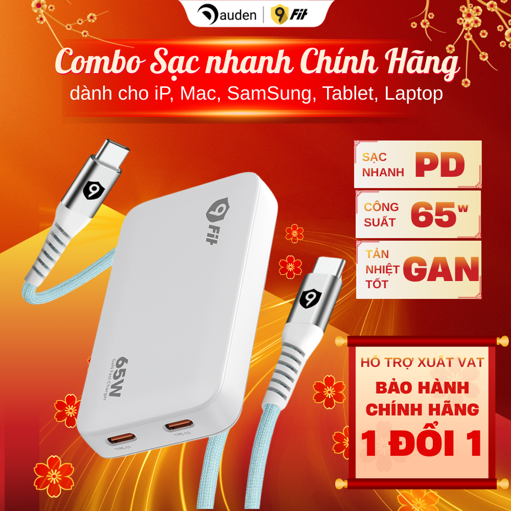 Củ Sạc 9FIT Slim PD 2C GaN sạc điện thoại/laptop/máy tính bảng, sạc nhanh 45W/65W  - Hàng chính hãng