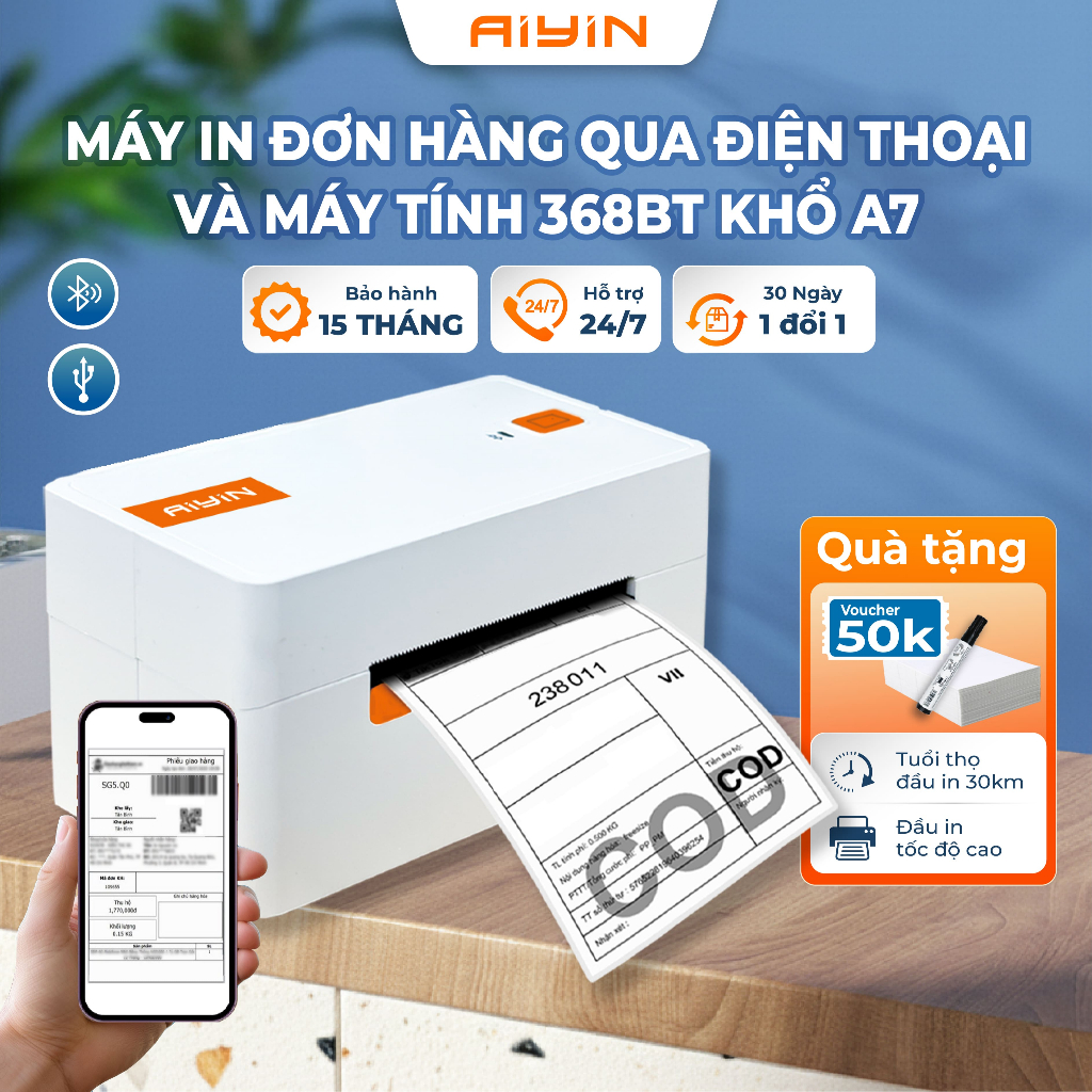 Máy In Nhiệt A7 Bluetooth AYIN 368BT, Máy In Đơn Hàng TMĐT, In Mã Vận Đơn, Kết Nối Điện Thoại Và Máy