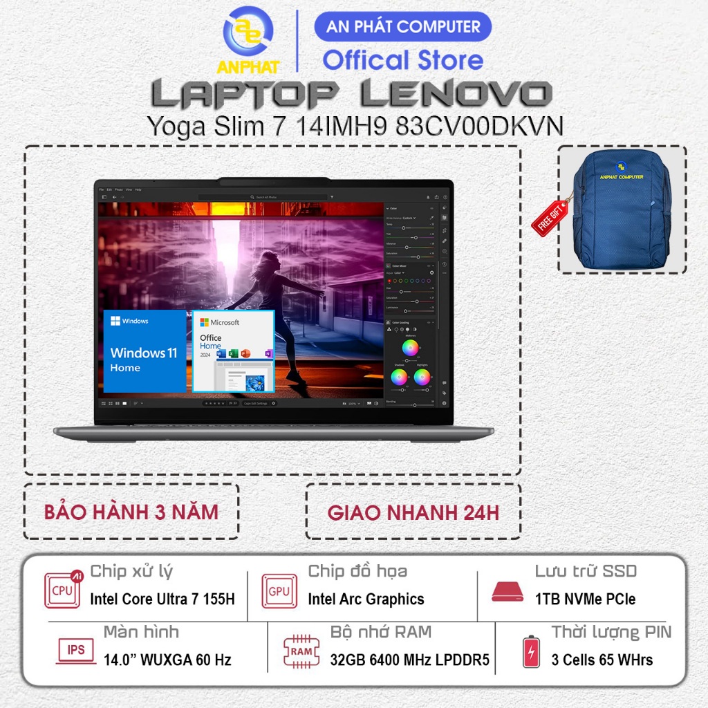 Laptop Lenovo Yoga Slim 7 14IMH9 83CV00DKVN, Core Ultra 7 155H, 32GB RAM, 1TB SSD, 14.0 FHD+ OLED, W