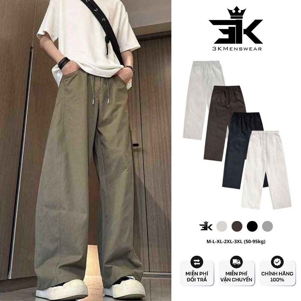 Quần Dài Nam Nữ, Quần Kaki from rộng dáng suông 3KMENSWEAR cạp chun thoáng mát co giãn