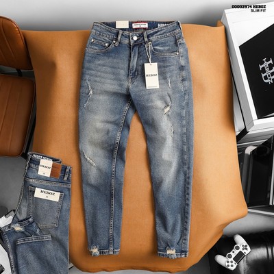 Quần jean nam Heboz dáng slim rách D089, quần dài nam denim cao cấp - 00002974
