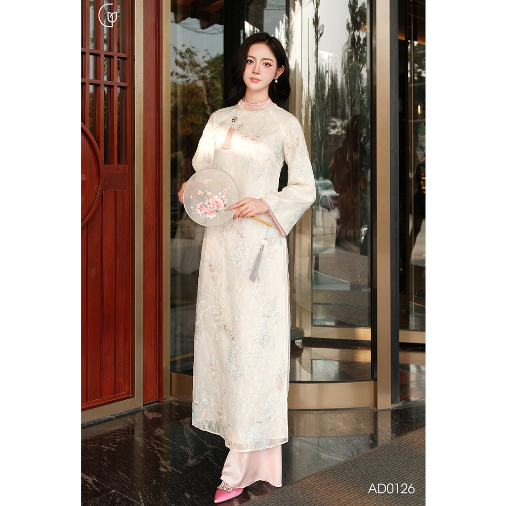 Áo dài cách tân nữ tết Giian thiết kế 4 tà, họa tiết thêu thủ công vải tơ cao cấp AD0126