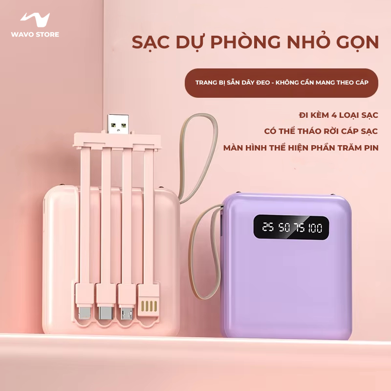 Pin Sạc Dự Phòng Mini 20000mAh  – Tích Hợp 4 Dây Sạc, Có Đèn LED, Tiện Lợi Du Lịch