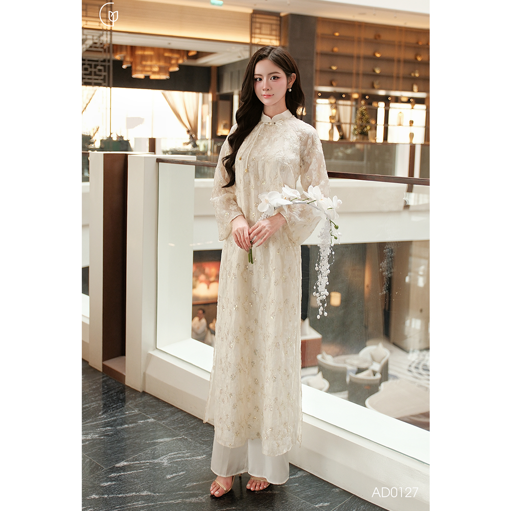 Áo dài cách tân kim sa nữ tết Giian thiết kế dáng suông 4 tà AD0127