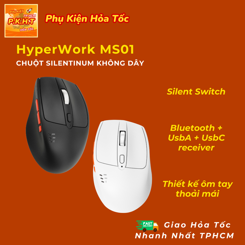 Chuột Không Dây HyperWork Silentinum MS01 -Chuột Công Thái Học Click Yên Tĩnh Silent, Pin Sạc Type-C