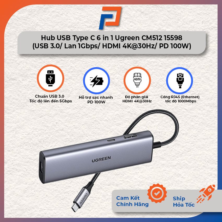 Hub USB Type C 6 in 1 Ugreen CM512 15598 (USB 3.0/ Lan 1Gbps/ HDMI 4K@30Hz/ PD 100W) bảo hành 18 thá