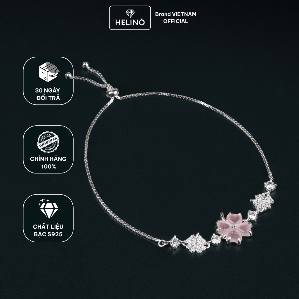 Lắc Tay Bạc Nữ HELINO Dây Rút Cỏ Bốn Lá Đính Đá Mắt Mèo Hồng Bạc S925 V42