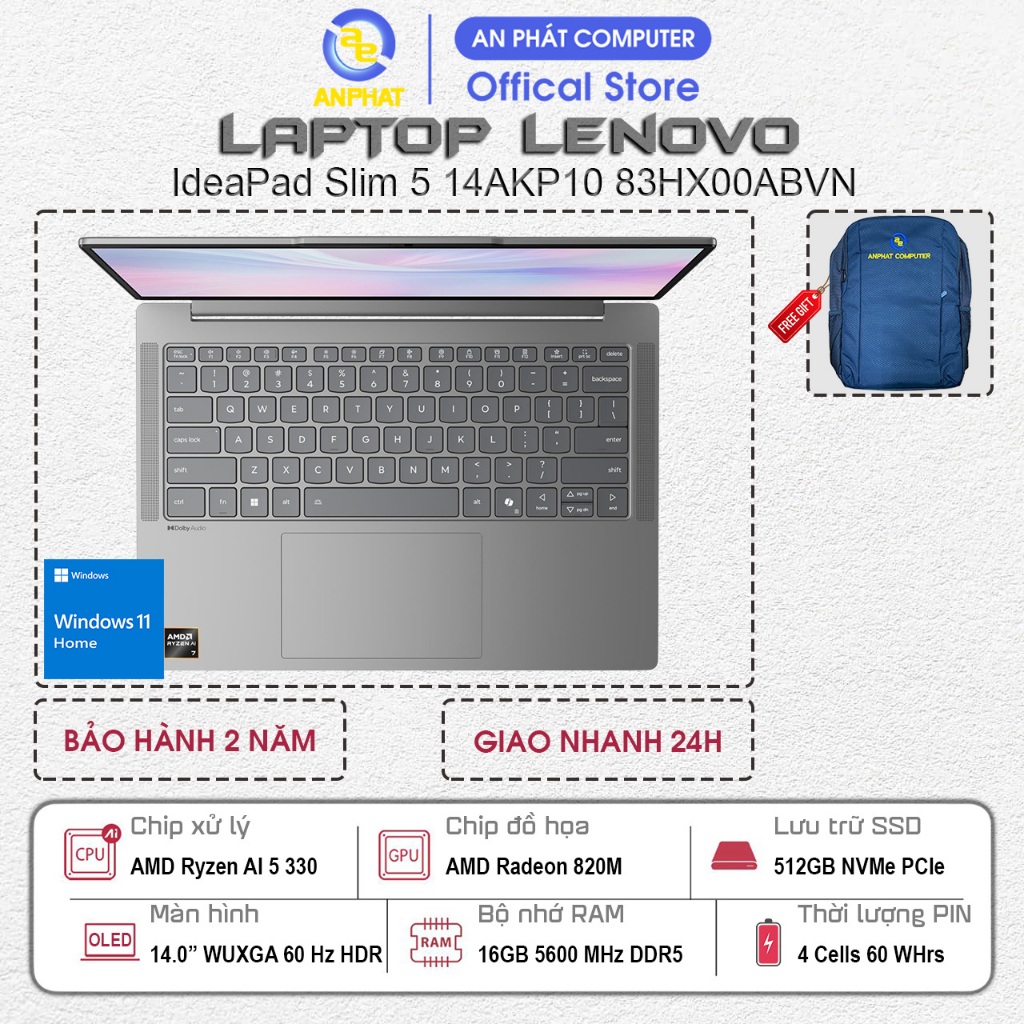 Laptop Lenovo IdeaPad Slim 5 14AKP10 83HX00ABVN, Ryzen AI 5 330, 16GB RAM, 512GB SSD,14.0 FHD+ OLED 