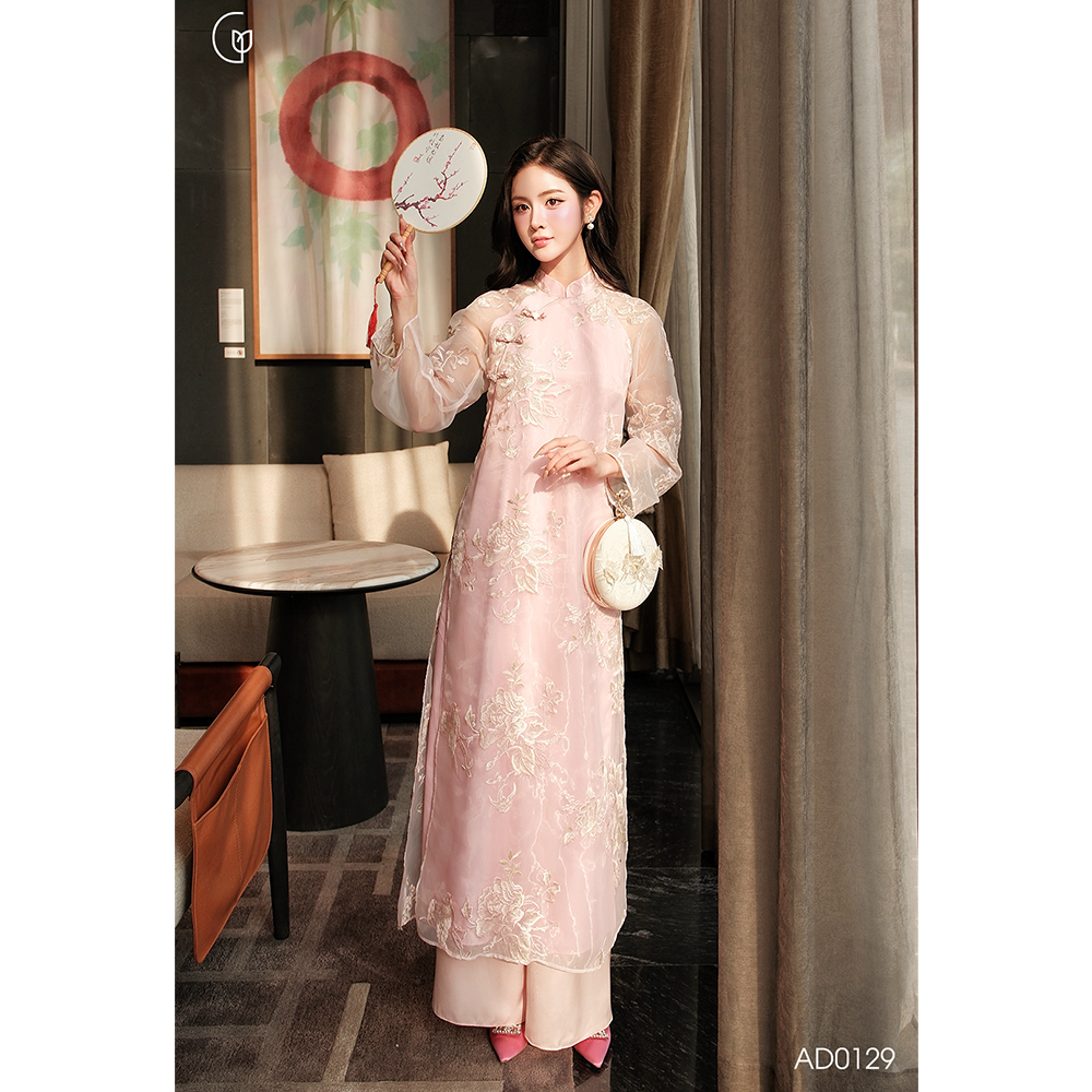 Áo dài cách tân nữ tết Giian thiết kế dáng suông 4 tà họa tiết hoa thêu nổi, vải tơ óng cao cấp AD01