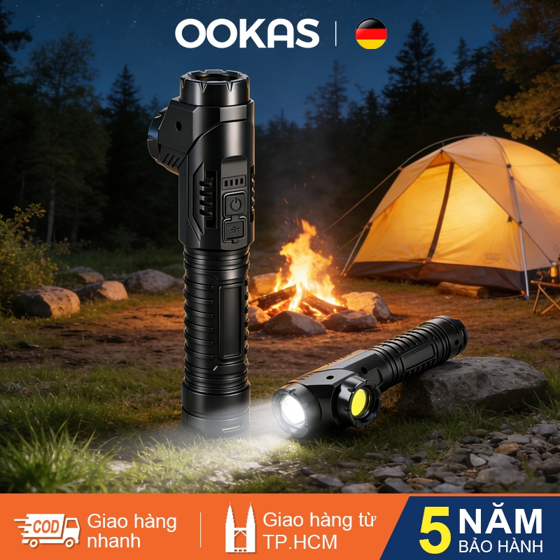 OOKAS Đèn pin siêu sáng, Đầu đèn kép, Bấc đèn nhập khẩu, có thể xoay 90°