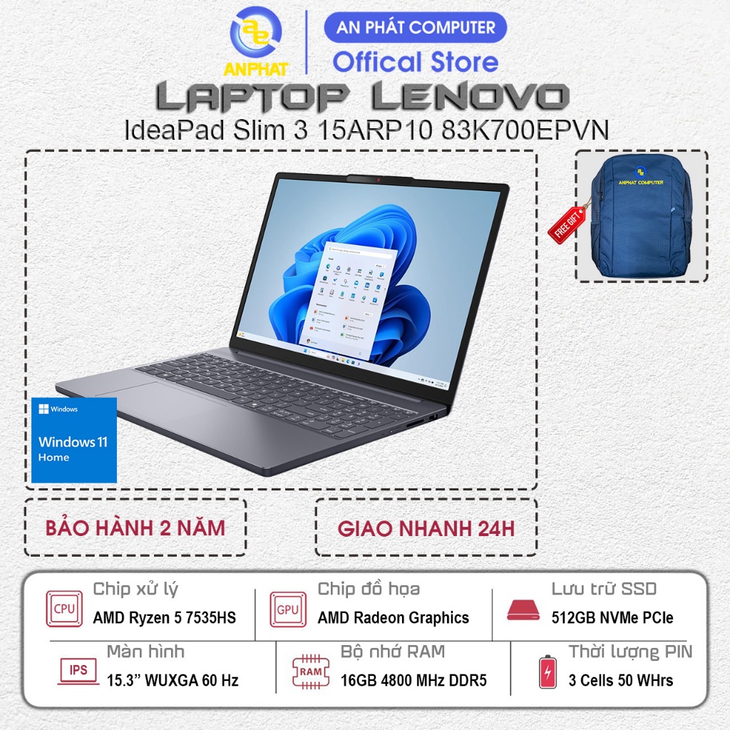 Laptop Lenovo IdeaPad Slim 3 15ARP10 83K700EPVN, Ryzen 5 7535HS, 16GB RAM, 512GB SSD, 15.3 FHD+, Win