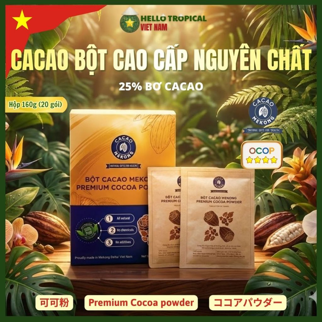 [15.01] Bột cacao nguyên chất PREMIUM 25% bơ cacao xuất Nhật MEKONG không kiềm hoá, không đường (Hộp