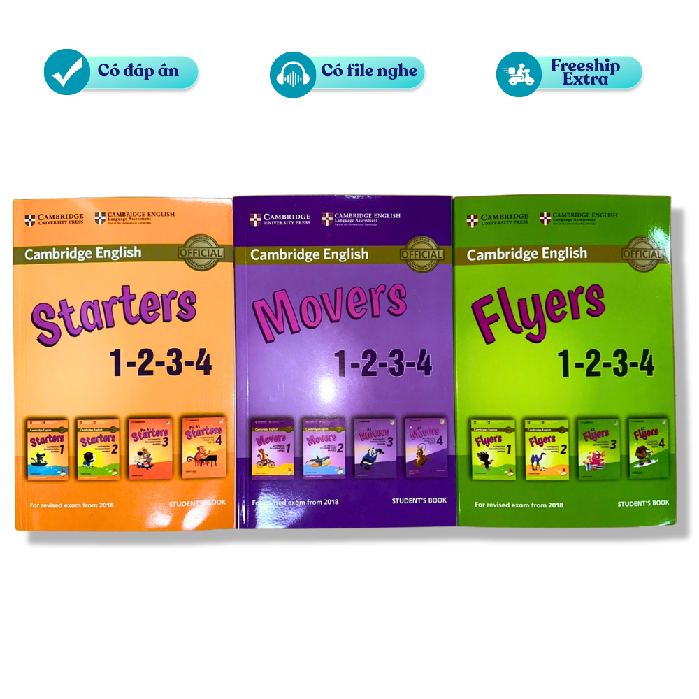 Vở Cambridge: Starters, Movers, Flyers in gộp 1 2 3 4 - In màu - Có đáp án, có file nghe