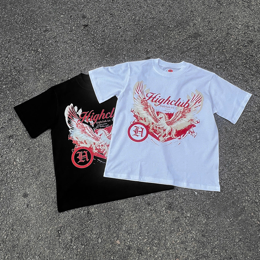 Áo thun SWINGS HORSE - HIGHCLUB Tay lỡ cổ tròn màu ĐEN/TRẮNG - UNISEX