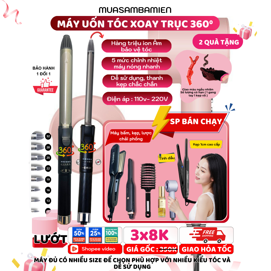 Máy uốn tóc xoăn Hàn Quốc Koremi tự xoay trục 360 độ, máy làm tóc xoăn lọn to, nhỏ Chuyên nghiệp cho Salon, BH 12 tháng