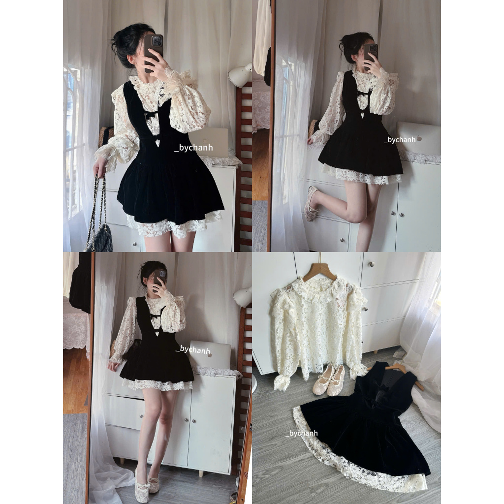 𝐛𝐲𝐂𝐡𝐚𝐧𝐡 - Set Yếm Nhung + Áo Ren Bèo