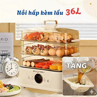 Nồi Hấp Kèm Lẩu 36L. Máy Hấp Điện Đa Năng 3 Tầng Kèm Hấp 2 trong 1, nhập khẩu chính hãng, BH 12 Tháng.