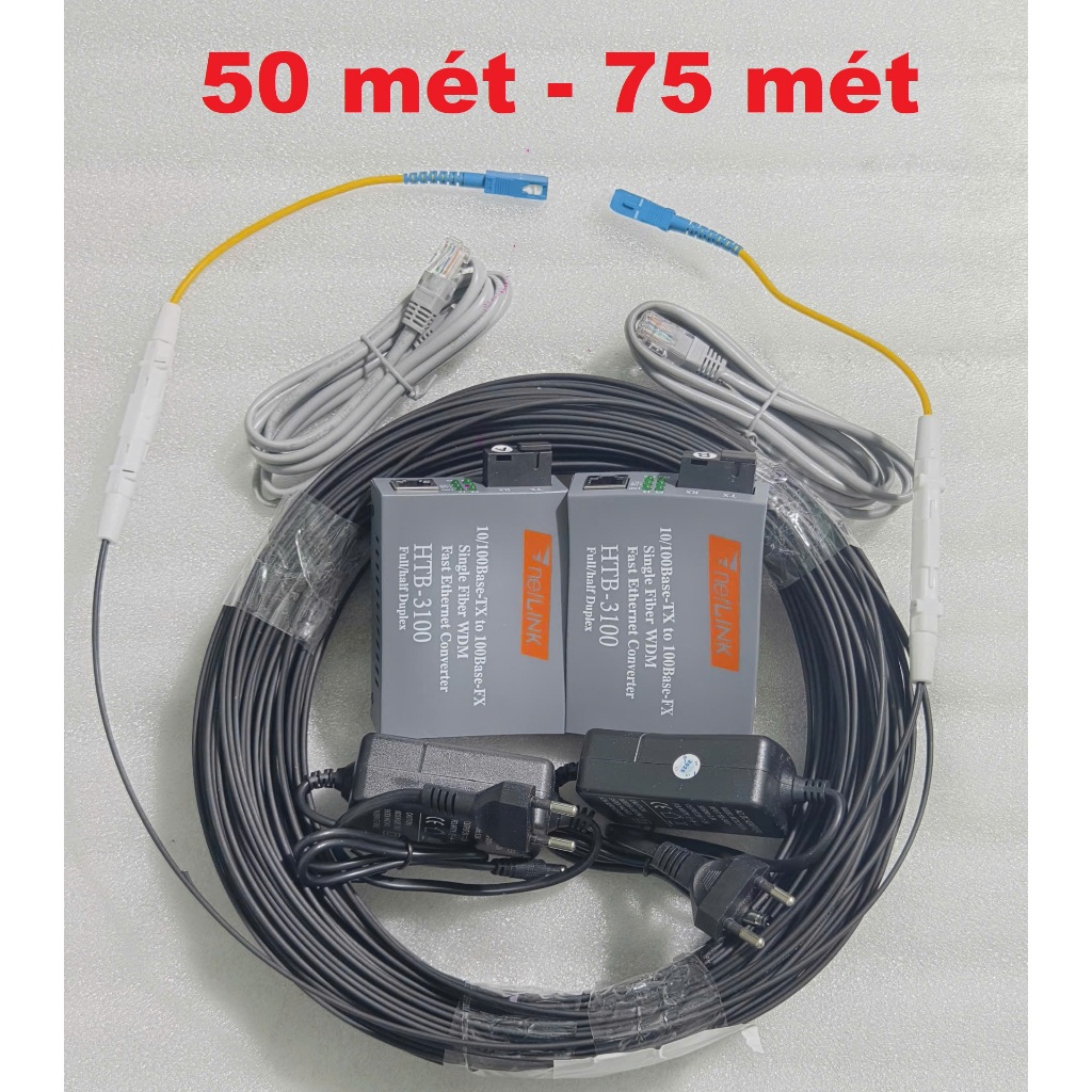 Cáp quang hàn sẵn 2 đầu SC (50m - 75m ) và Bộ chuyển tín hiệu quang  converter quang HTB 3100 , HTB 