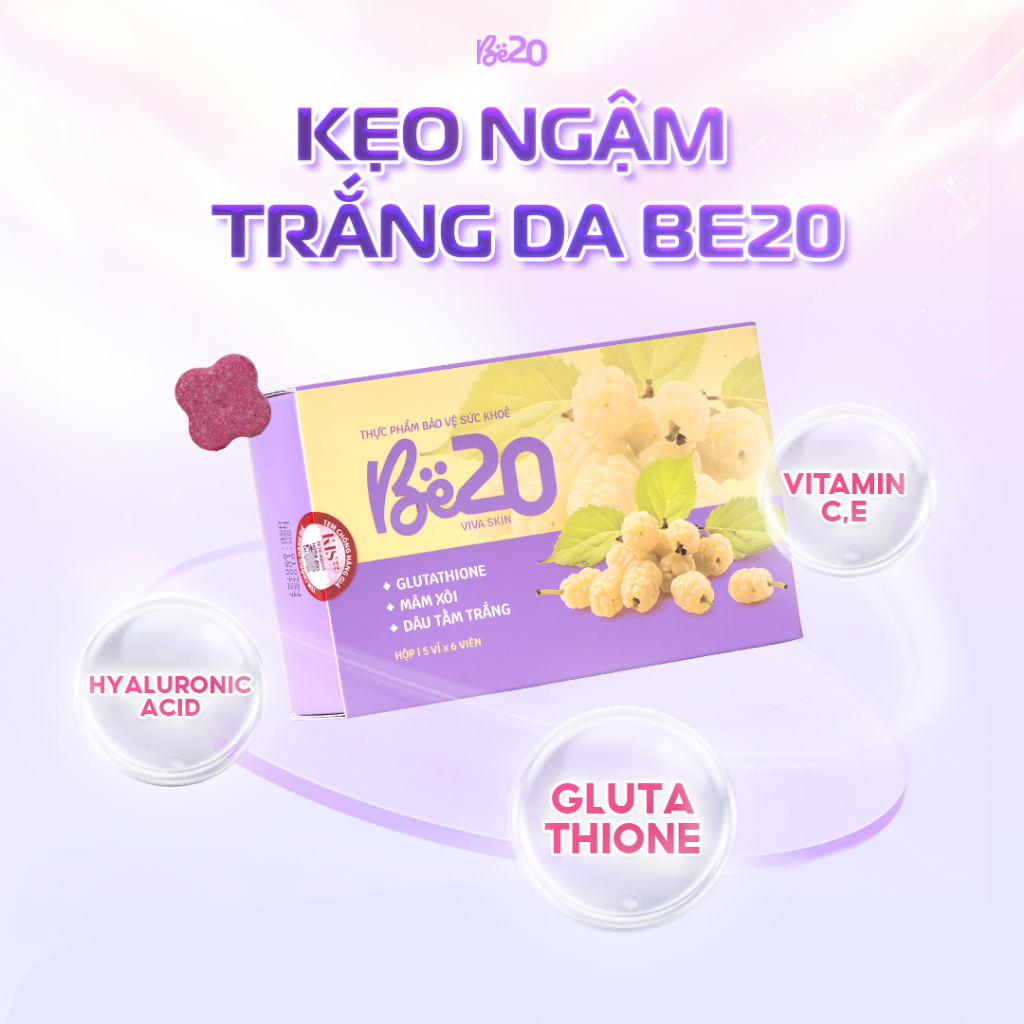 Be20 - Kẹo Ngậm Dâu Tằm Be20 Hỗ Trợ Trắng Da, Dưỡng Sáng  - Hộp 30 viên