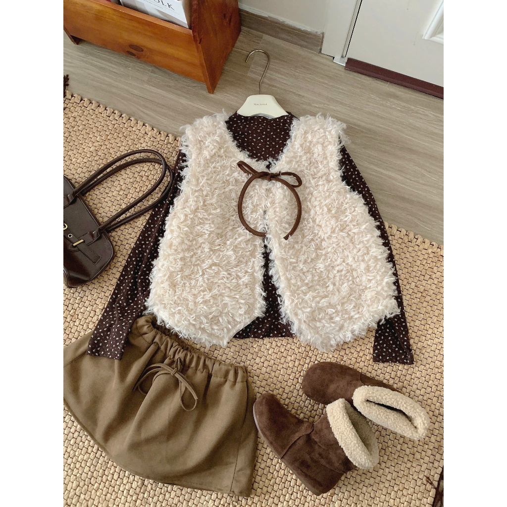 ( HÀNG LOẠI 1) Set Áo Gile Lông Cừu Thắt Nơ Mix Áo Thun Hoa Nhí Nâu Bèo Gấu Ulzzang siêu xinh | BigBuy360 - bigbuy360.vn