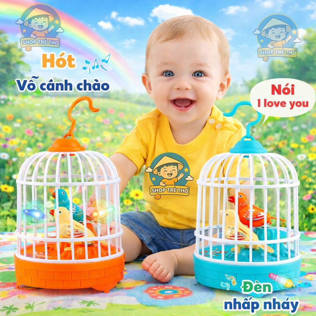 Đồ chơi lồng chim biết hót, vỗ cánh chào, nói I love you dễ thương cho bé