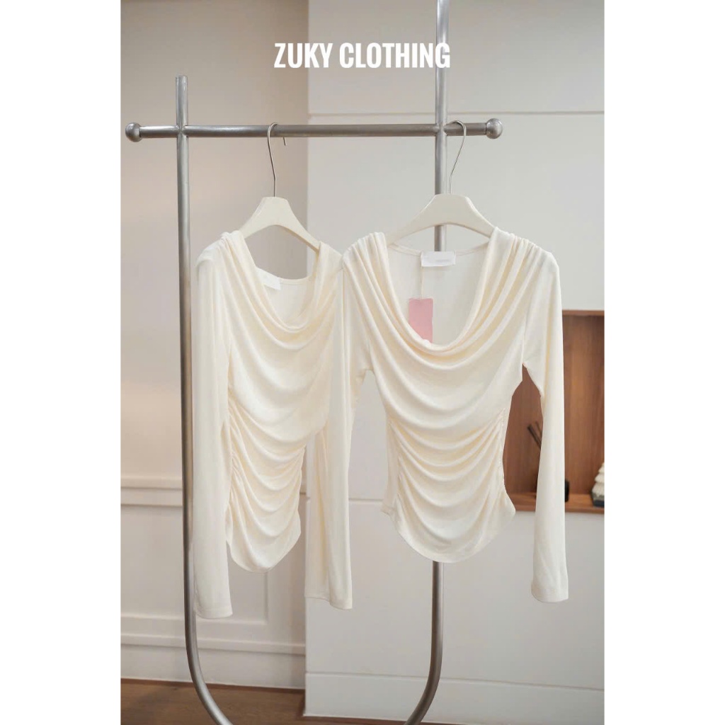ZUKY CLOTHING Áo thun tay dài lệch vai nhún