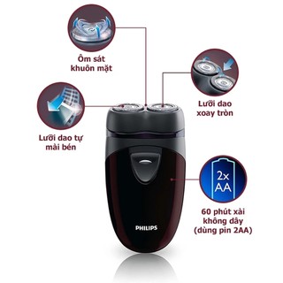 Máy cạo râu du lịch Philips PQ206 nhỏ gọn, tiện lợi, an toàn cho da, sử dụng pin AA, bảo hành 2 năm - Hàng chính hãng
