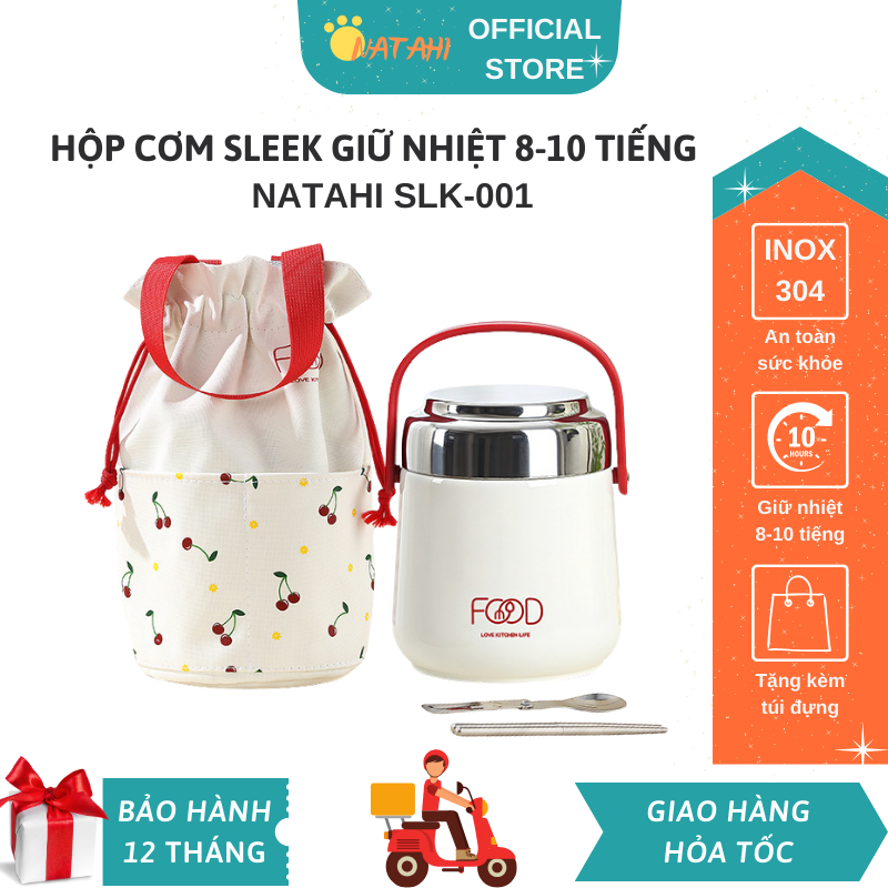 Hộp cơm giữ nhiệt 8-10 tiếng Sleek NATAHI SLK-001 Inox 304 cao cấp, dung tích 1.6L tặng kèm Túi và Đ