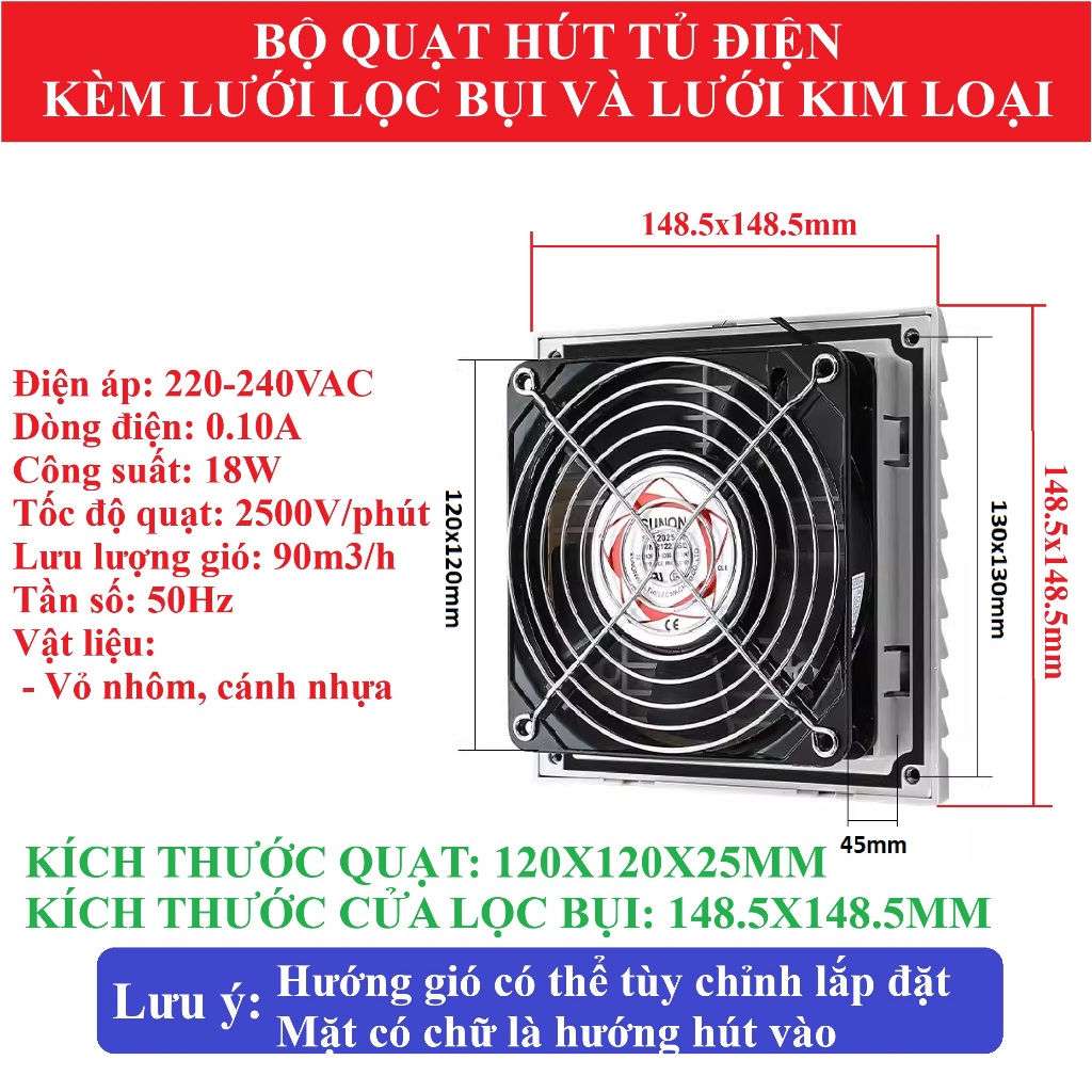 Quạt hút tủ điện, quạt tản nhiệt có lưới lọc bụi và lưới kim loại bảo vệ