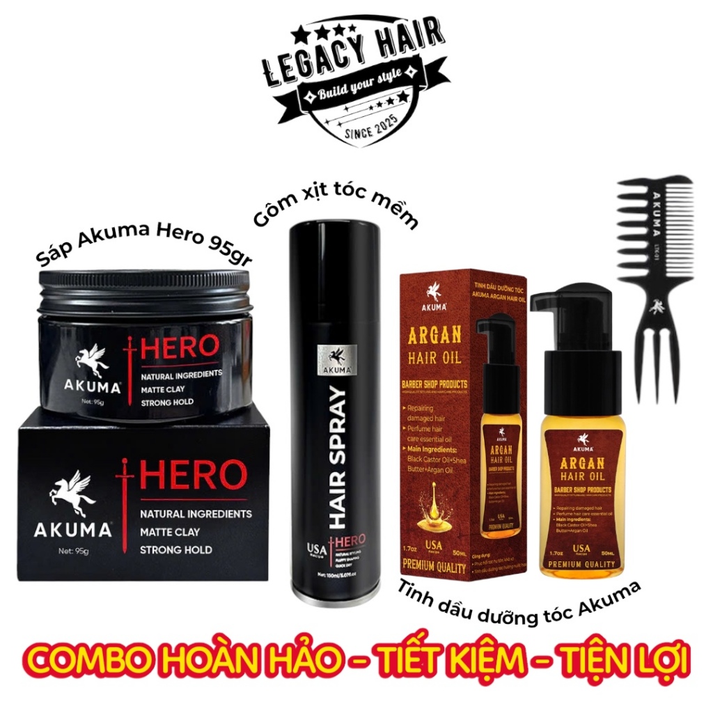 [Combo tiết kiệm] Sáp Akuma Hero 95gr + Tinh dầu dưỡng tóc Akuma + Gôm xịt mềm Akuma Hero (tặng kèm 