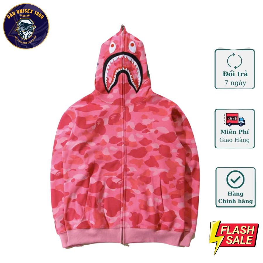 Áo Khoác Bomber BAPE Khoá Zip Màu Hồng, Chất Nỉ Dày Dặn Ấm Áp Mùa Đông