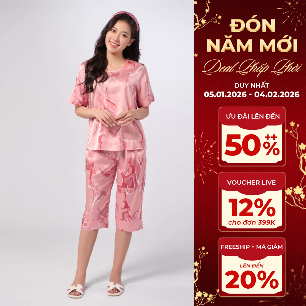 Bộ Mặc Nhà Nữ WINNY Đồ Ngủ Cộc Tay Quần Ngố Chất Lụa Satin 1MNSA23122N