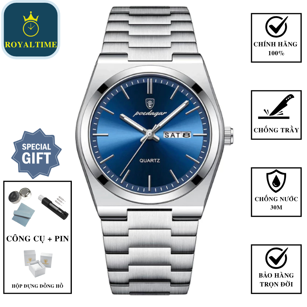 Đồng hồ nam chính hãng chống nước dây thép PRX Poedagar trẻ trung năng động hộp đựng cao cấp đồng hồ nam size 40mm |TB